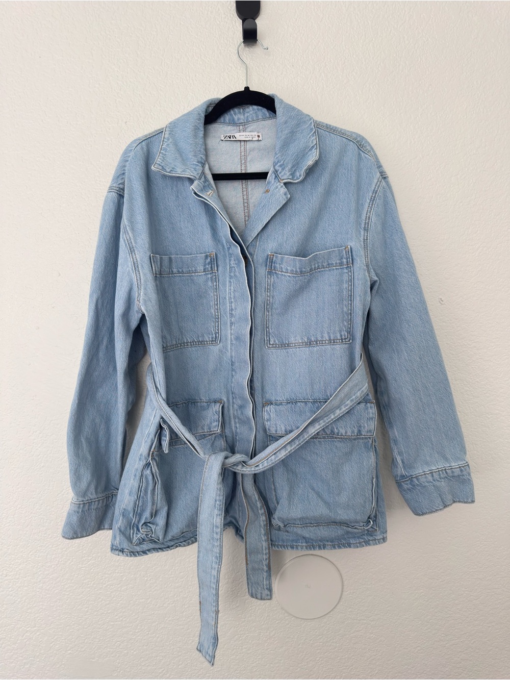 Zara Light Blue Denim Belted Jacket Size Medium